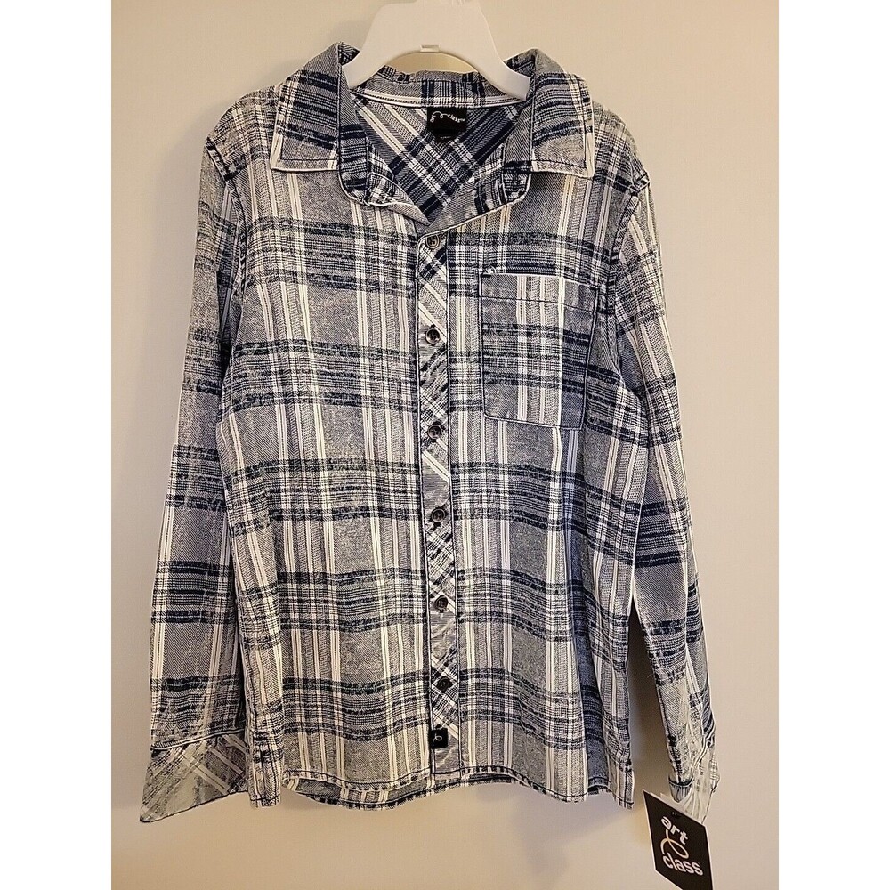 Art Class Boys Youth Kids Small 6/7 WindowPane Plaid Flannel Shirt Blue ButtonUp
